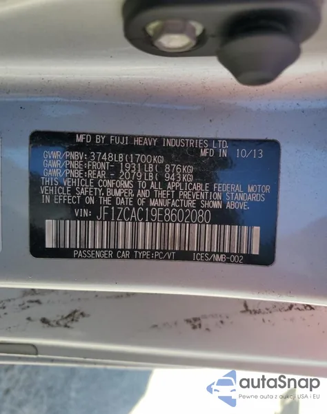 2014 Subaru Brz 2.0 Limited из США, поврежденный, VIN JF1ZCAC19E8602080